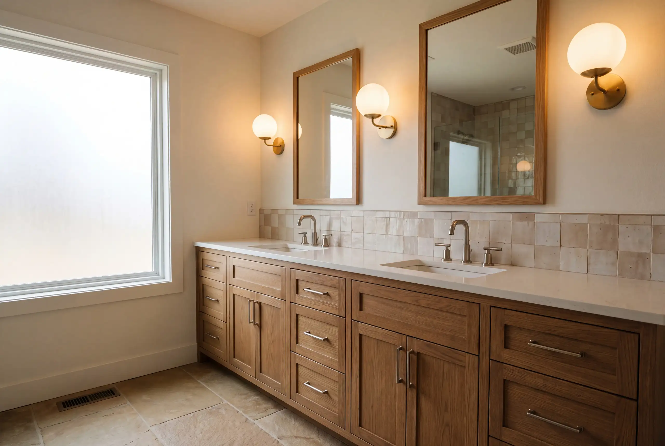 A double vanity in white oak with a quartz top, two undermount sinks and brushed nickel faucets