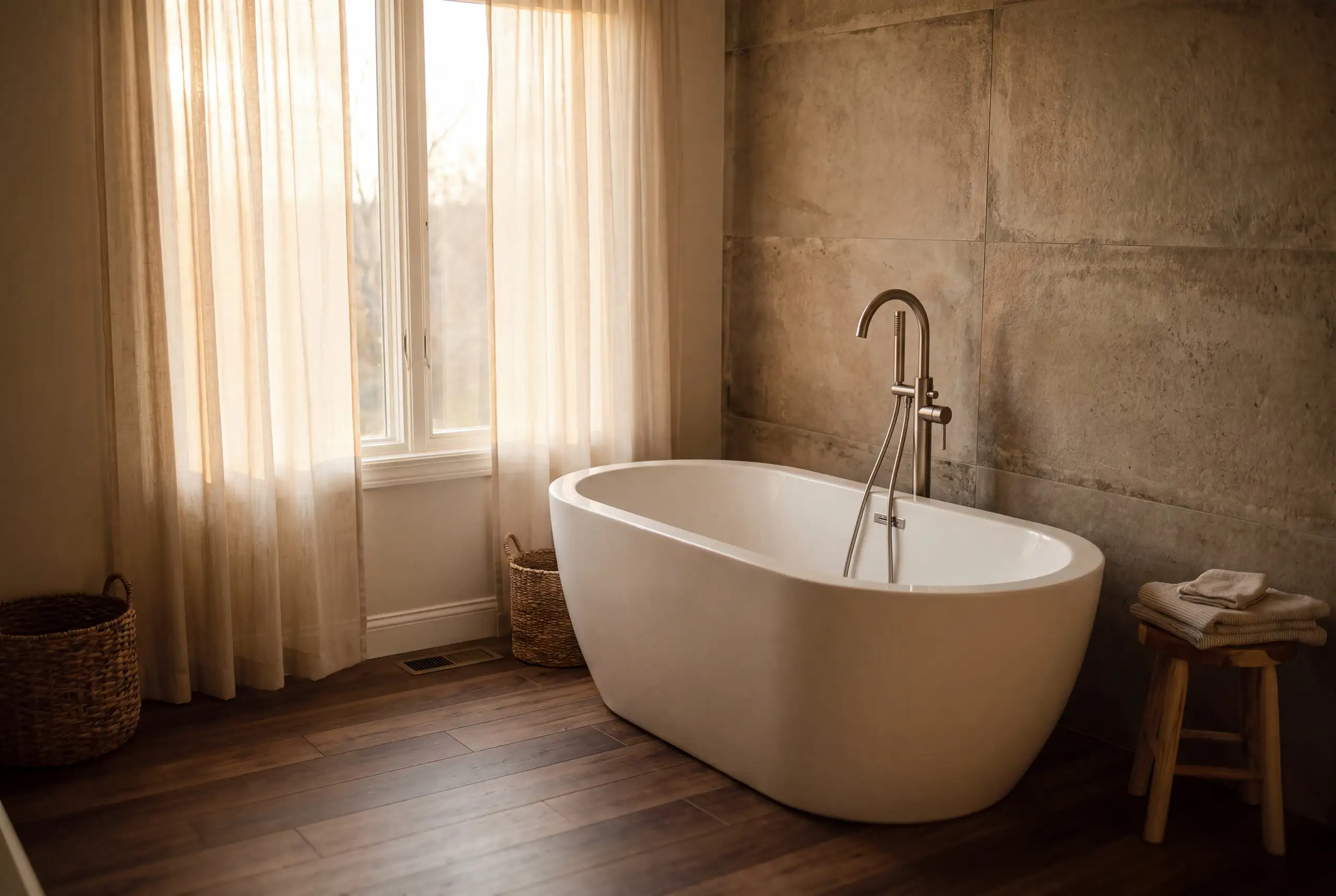 A freestanding soaking tub with a floor mounted tub filler on plank tile that looks like wood