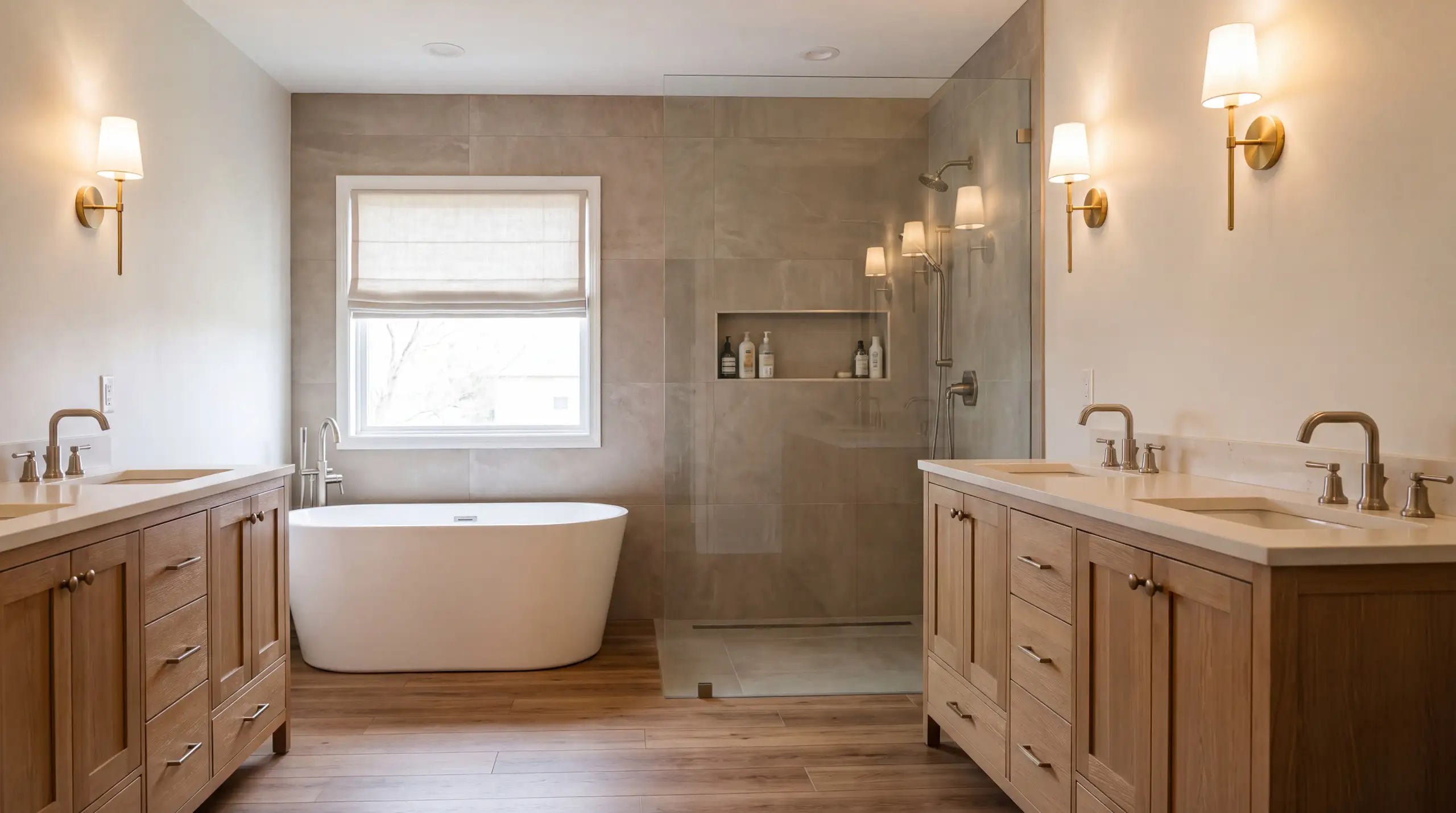 A primary bathroom with a curbless tile shower, a freestanding tub and a double vanity