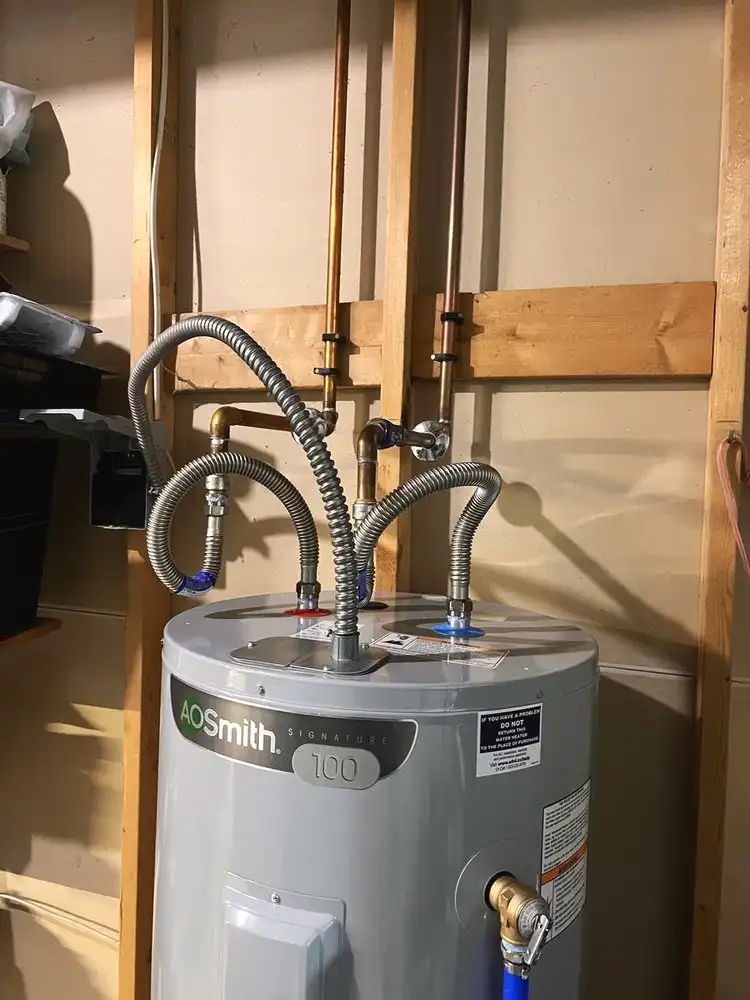 New water heater with flex connectors and expansion tank