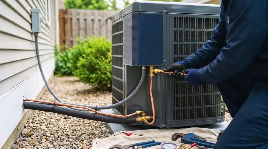 Technician working on an outdoor air conditioning unit