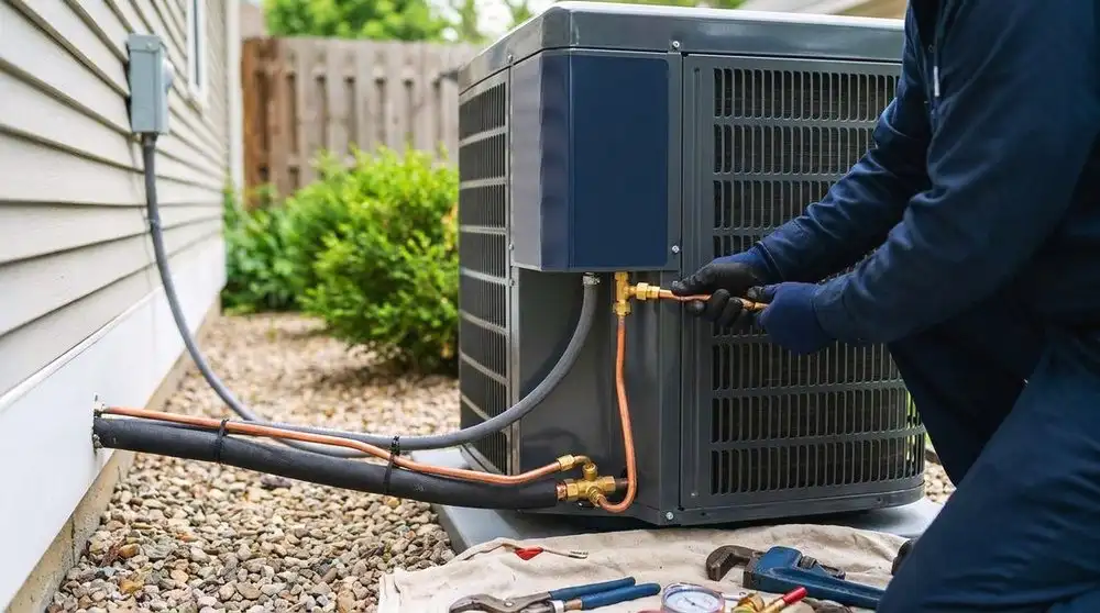 An air conditioner condenser being serviced