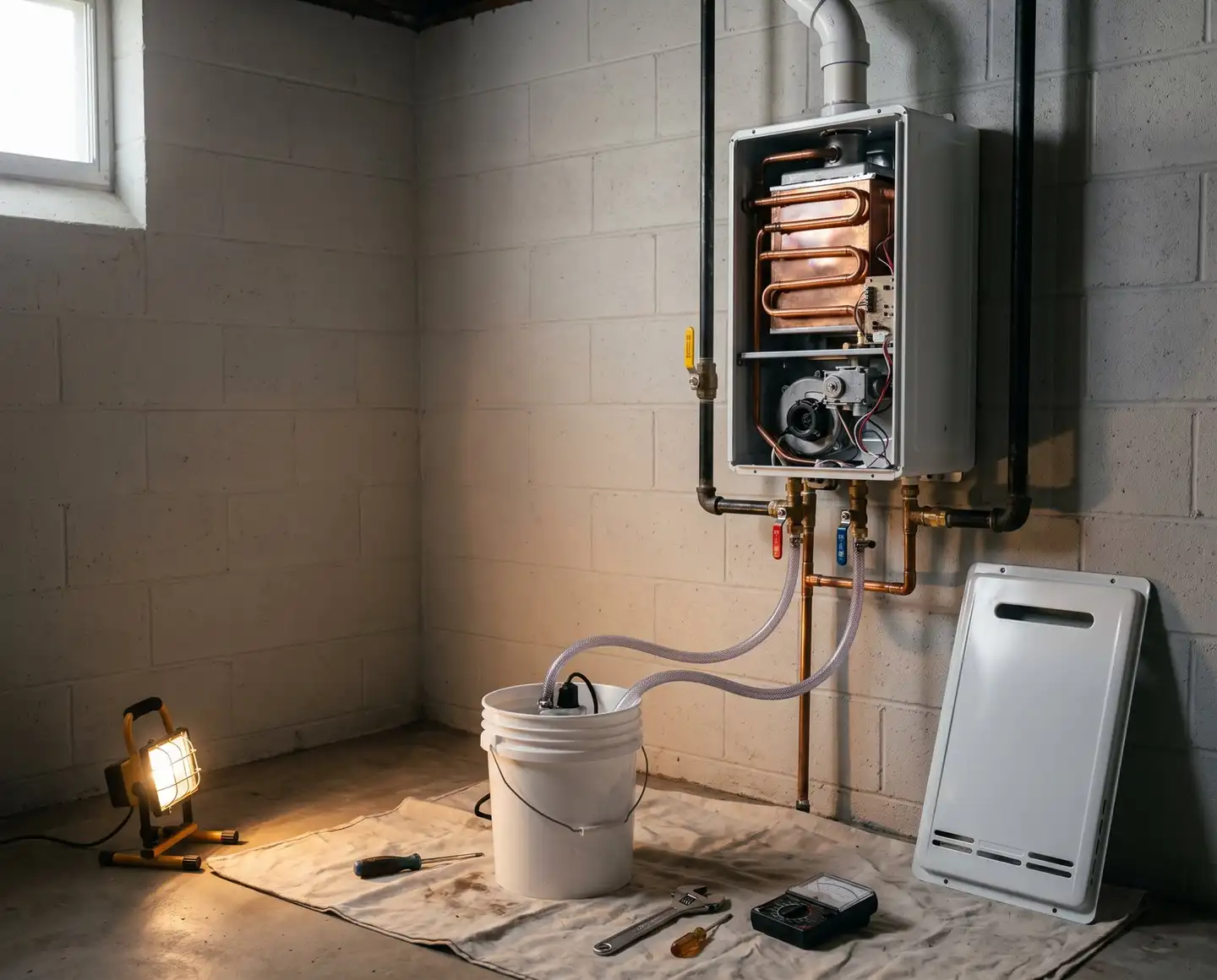 A tankless water heater with its cover off, its lines hooked to a pump and bucket for a descaling flush