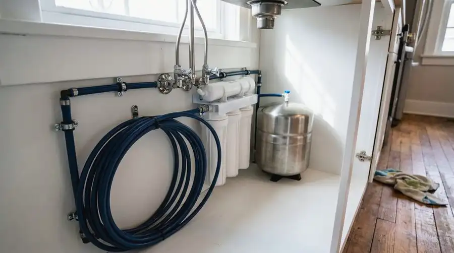Reverse osmosis system under a kitchen sink, with its storage tank
