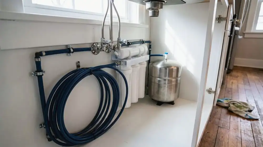 A reverse osmosis system under a kitchen sink