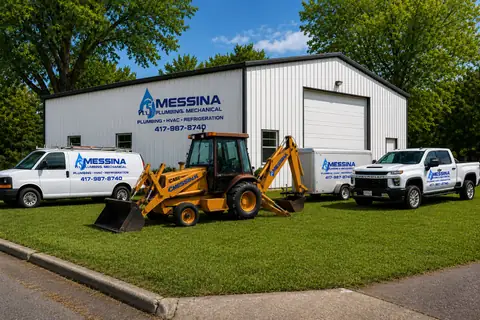 Messina Plumbing and Mechanical shop with the full fleet: service van, backhoe, enclosed trailer, and truck