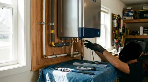 Tankless water heater installed on a garage wall with clean gas and water connections